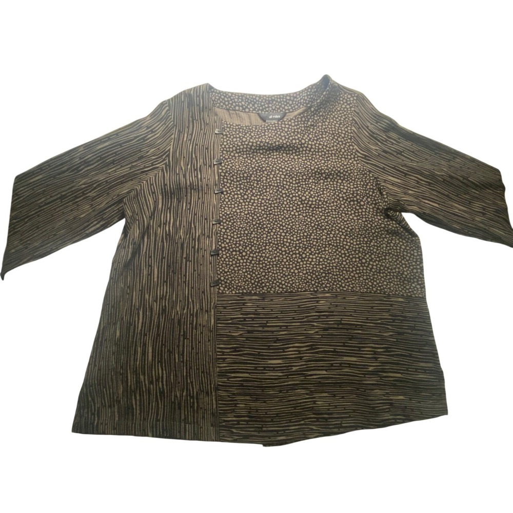 Ali Miles Womens 1X Mixed Print Tunic Top Black Tan Button Back
